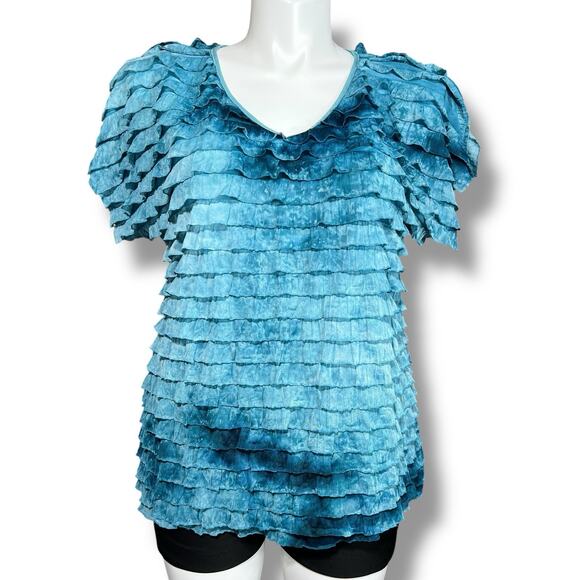 Notations Tops - Notations Womens Blouse Top Shirt Ruffled Fringe V Neck Short Sleeve Blue 1X
